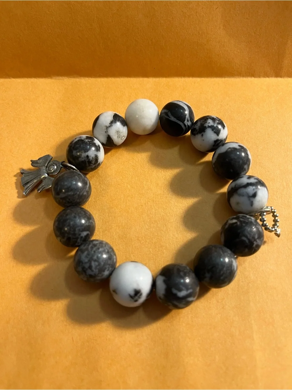 Black and White Marble Jasper Bead Bracelet with Angel Charm